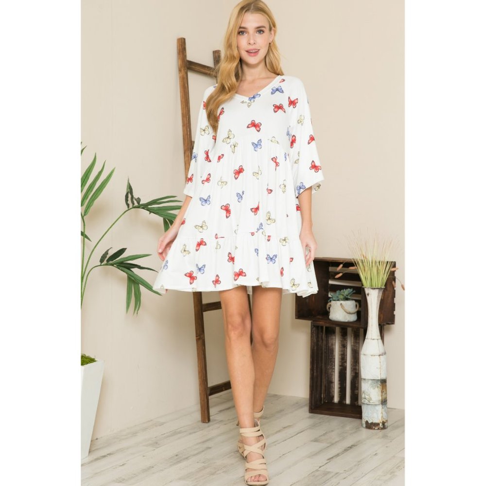 Acting Pro Butterfly Print V Neck Tunic Dress